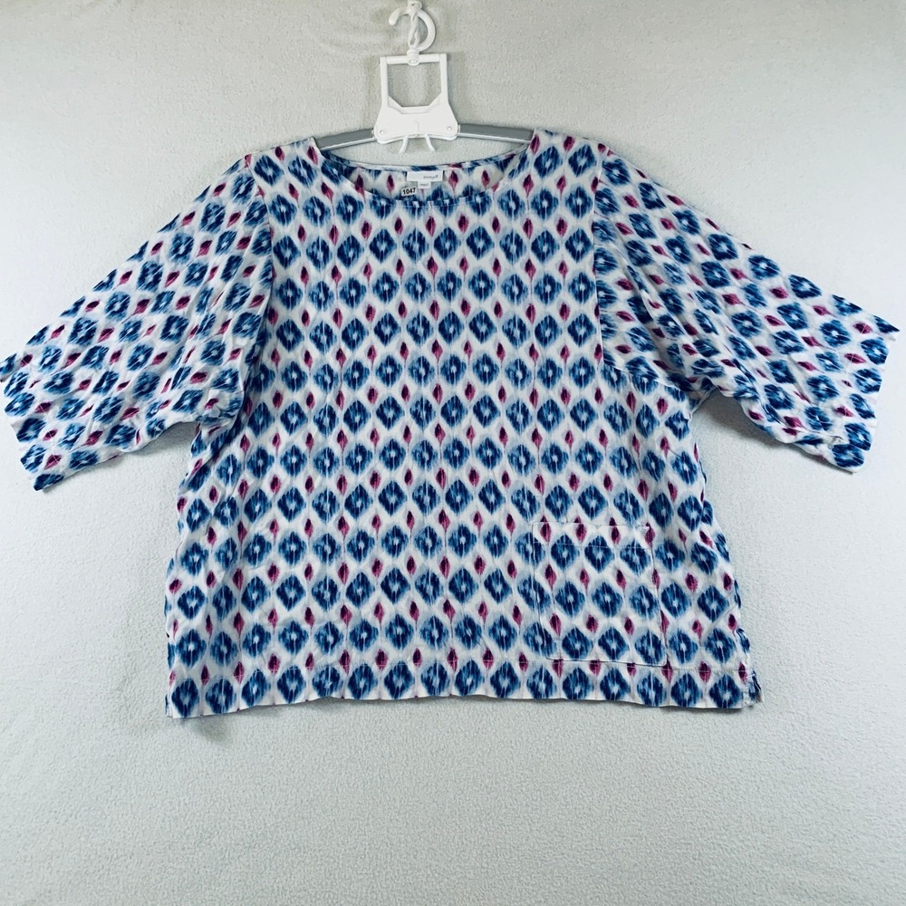 J.Jill Pure Jill Womens 3/4 Sleeve Pullover Top Blouse Diamond Print Blue Pink L